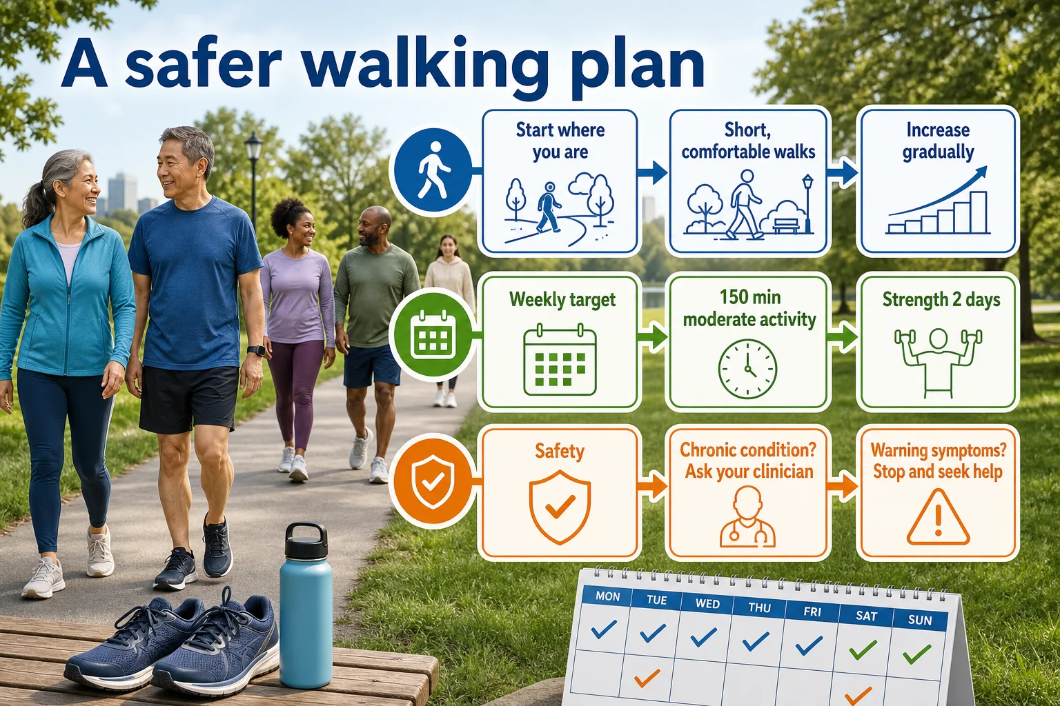 Decision tree for starting with comfortable walks, building toward weekly activity guidelines, and checking safety needs