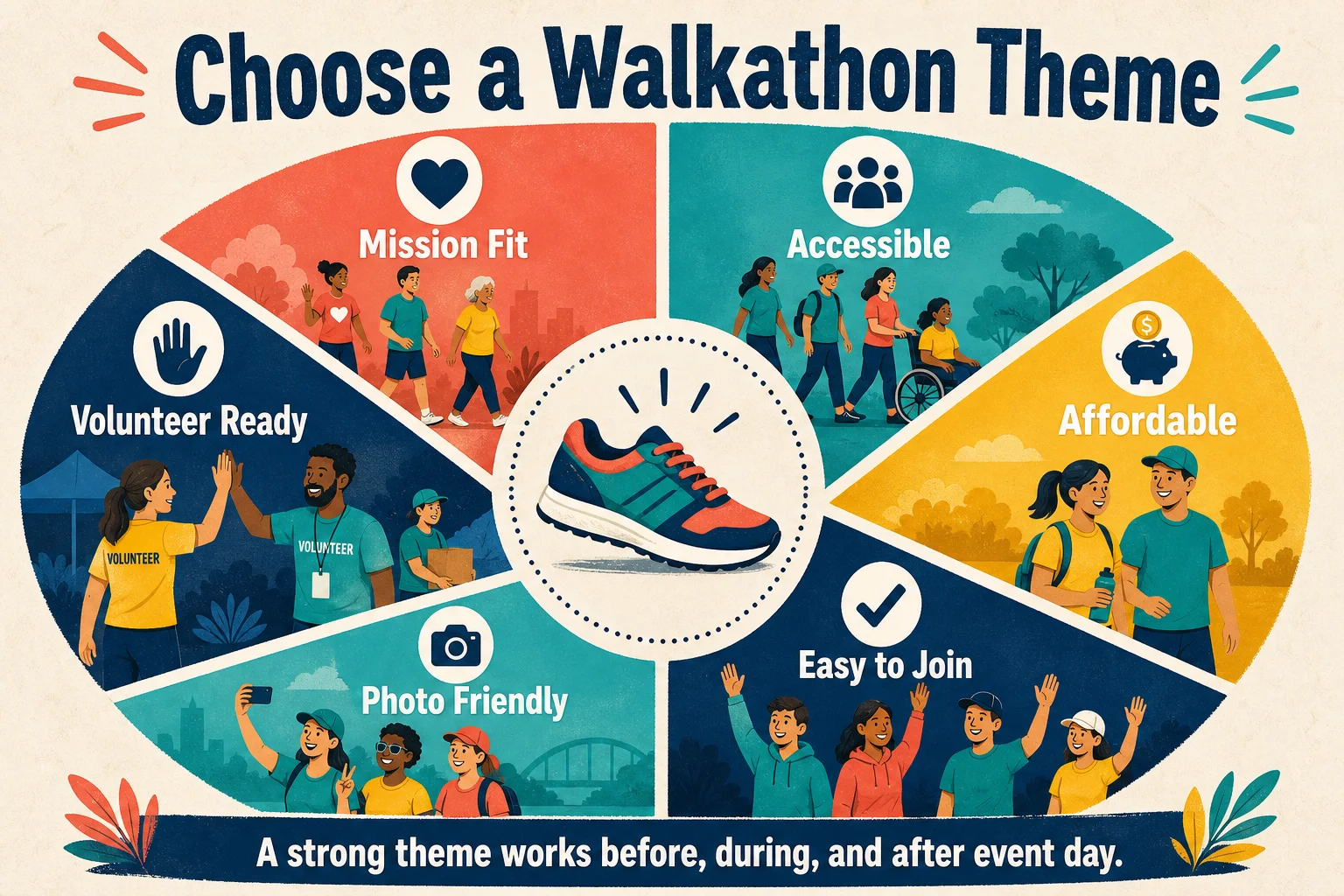 Six-part walkathon theme selection wheel covering mission fit, accessibility, affordability, ease of joining, photo opportunities, and volunteer readiness