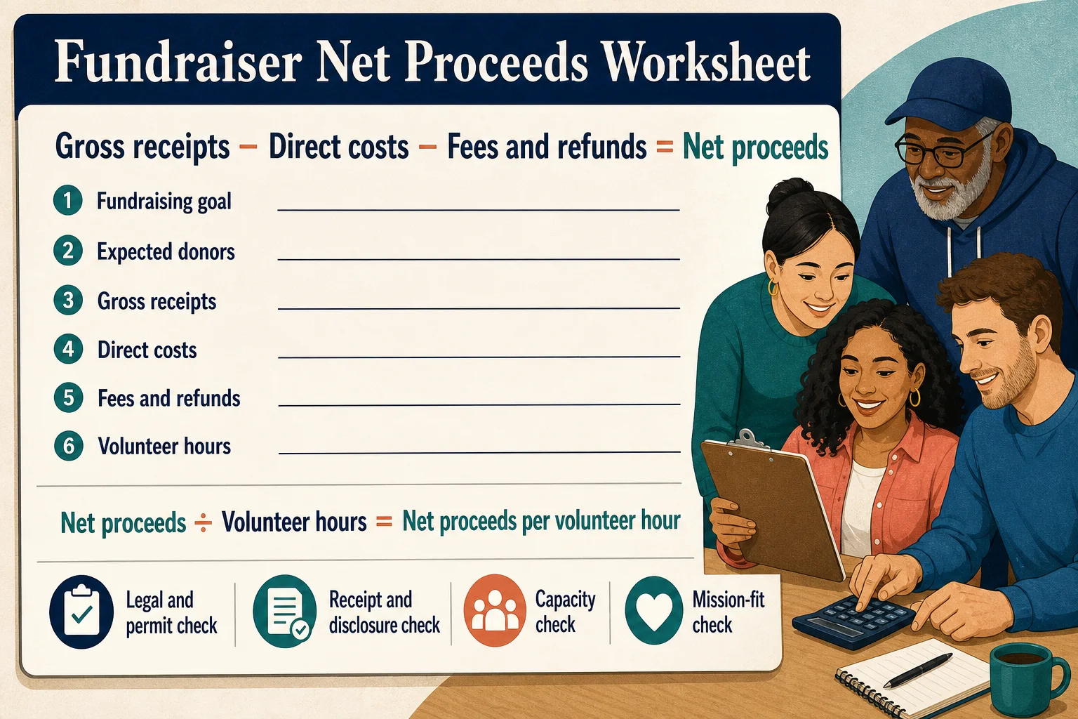 Blank fundraiser worksheet showing the net proceeds formula, planning fields, and legal, disclosure, capacity, and mission-fit checks