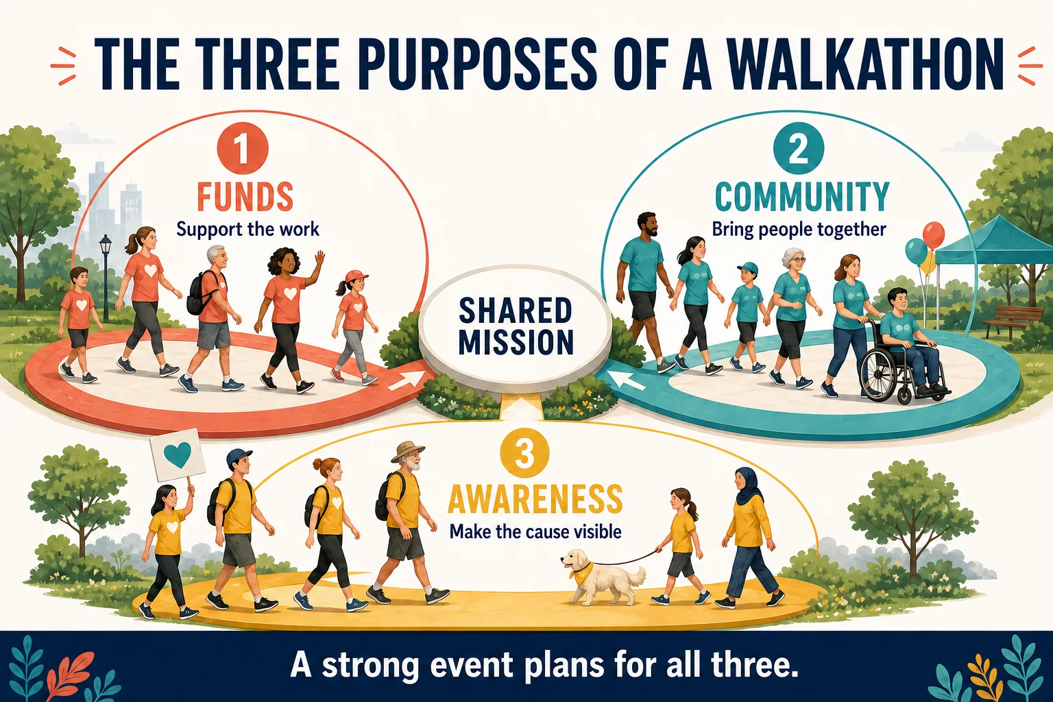 Diagram showing funds, community, and awareness connected to a shared walkathon mission with inclusive participants