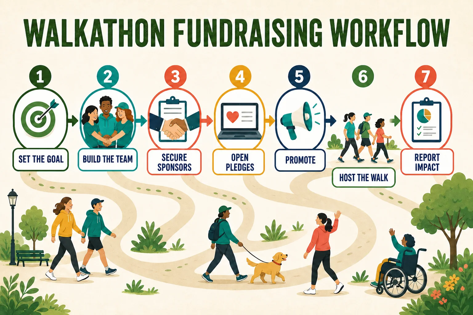 Seven-step walkathon fundraising workflow: set the goal, build the team, secure sponsors, open pledges, promote, host the walk, and report impact.