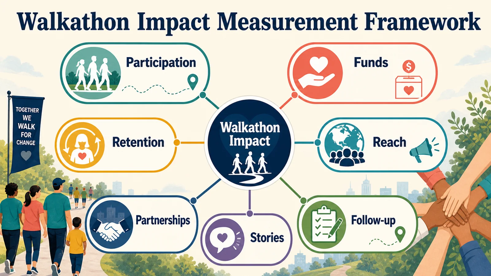 Walkathon impact measurement framework covering participation, funds, reach, retention, partnerships, stories, and follow-up