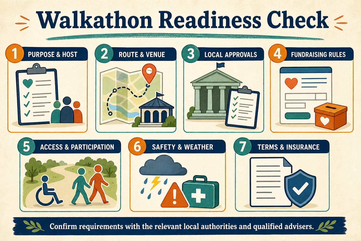 Seven-part walkathon readiness check covering host, route, local approvals, fundraising, access, safety, and insurance questions
