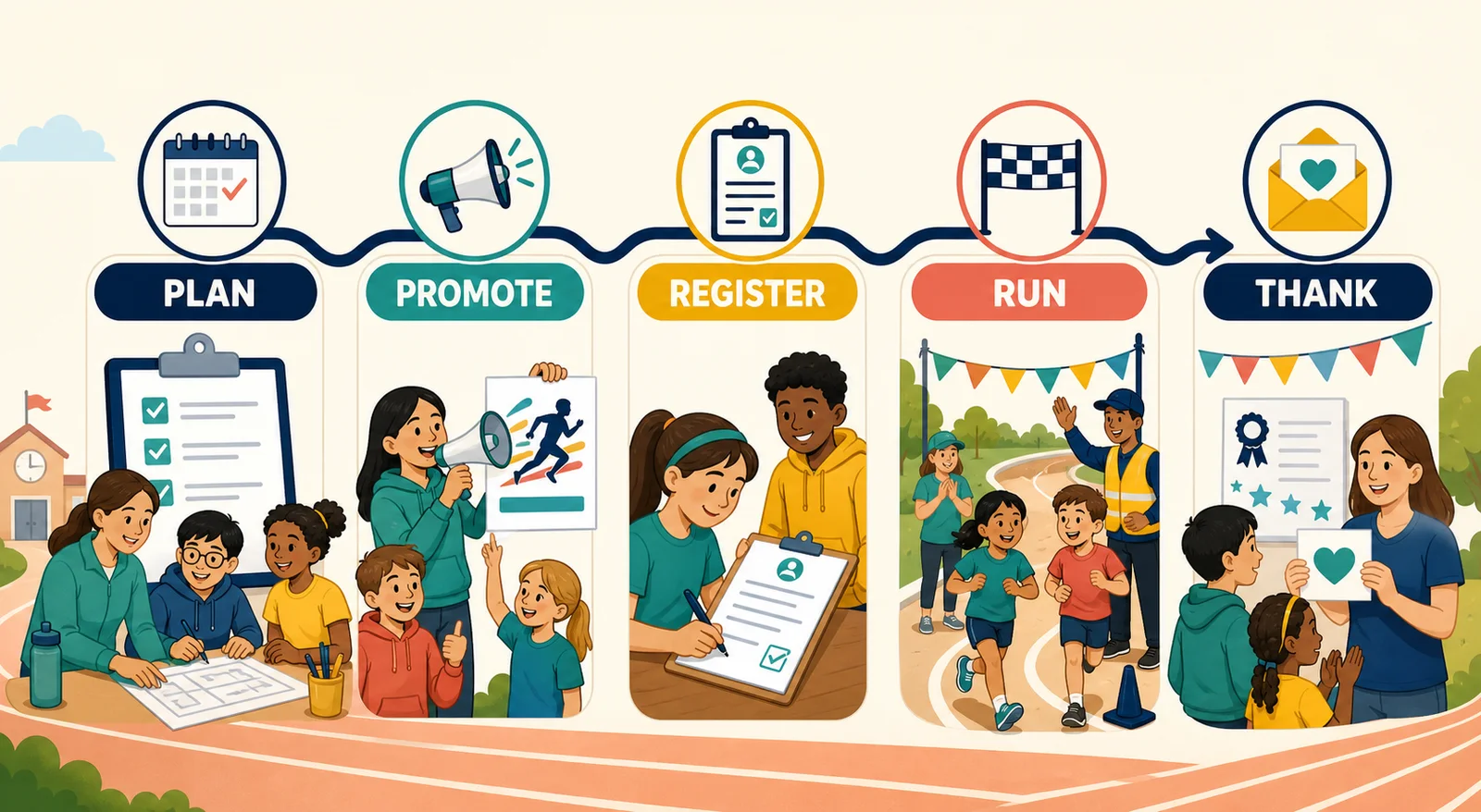 Illustrated school fun-run workflow: plan, promote, register, run, and thank participants